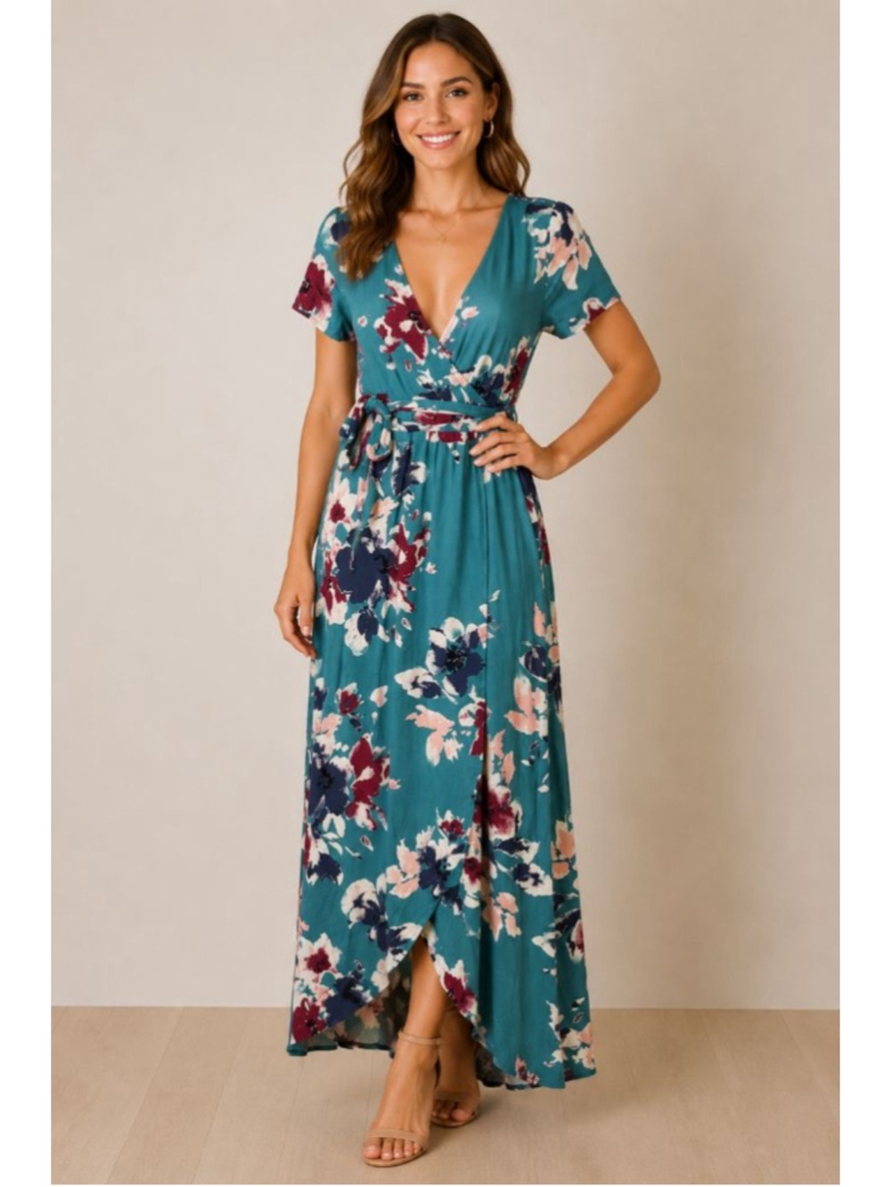 SO XS Teal Floral Maxi Dress Wrap Tie Boho Cottagecore Short Sleeve